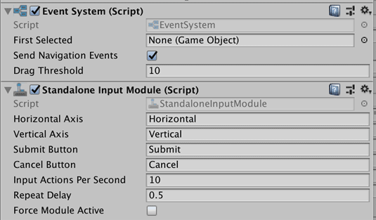 Unity EventSystem settings screenshot